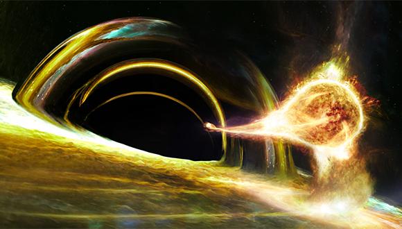 איור של כוכב נקרע על ידי חור שחור (Ignacio de la Calle - Quasar Science Resources for ESA) איור של כוכב נקרע על ידי חור שחור (Ignacio de la Calle - Quasar Science Resources for ESA)